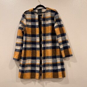 Cynthia Rowley Plaid Wool Blend Open Front Coat Mustard Navy White Womens Size M